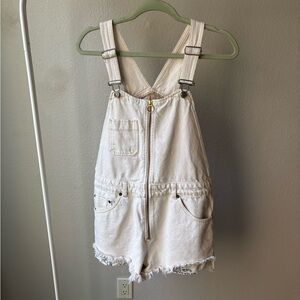 We The Free Cream Denim Short Overalls
